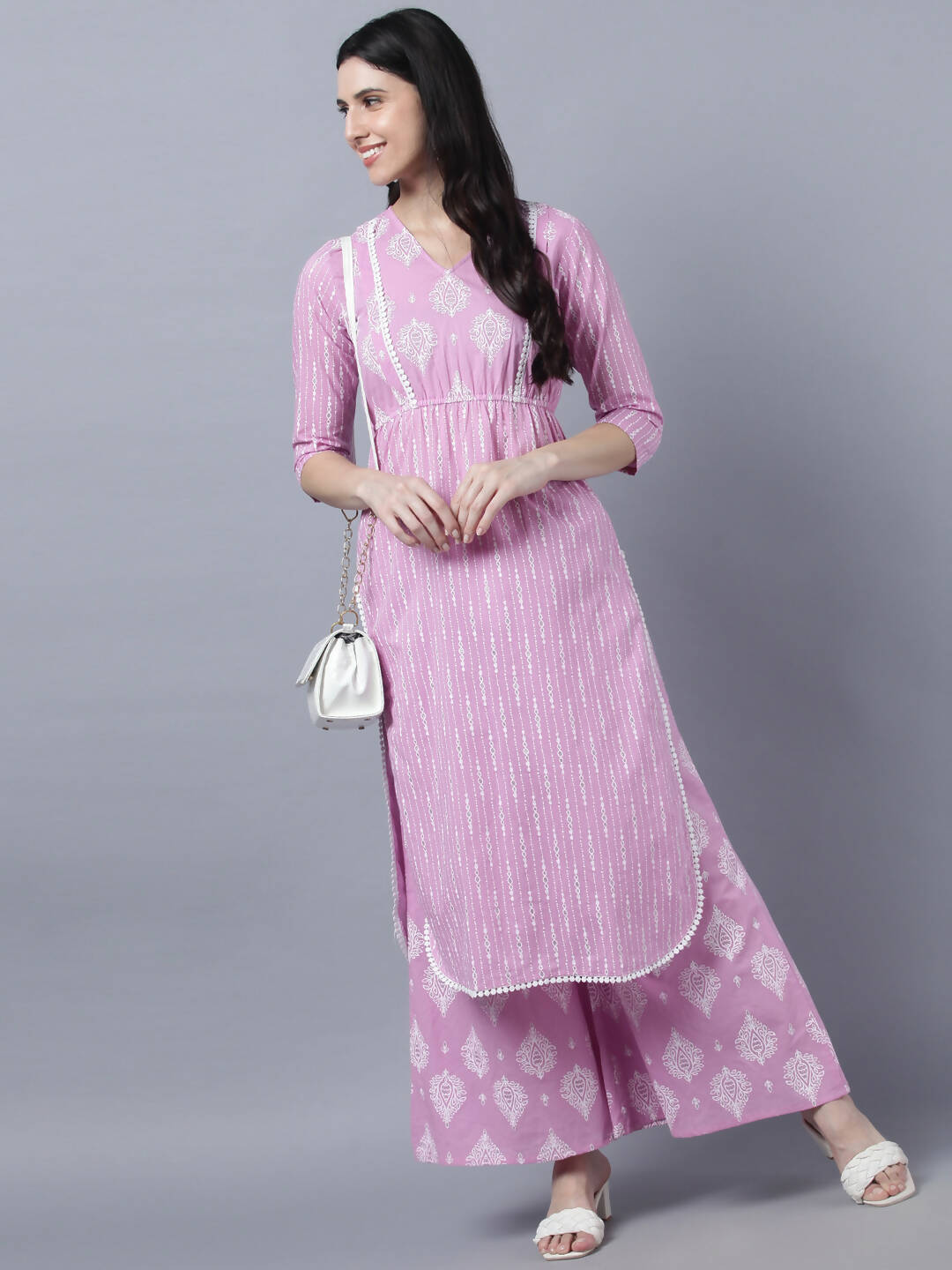 Myshka Stylish Pink 3/4 Sleeve Women's Kurta Palazzo Set | Grocsy