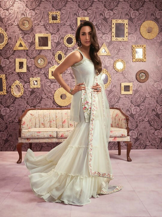 Vastranavya Malaika Arora Cream Georgette Embroidered Sequins Palazzo Suit | Grocsy