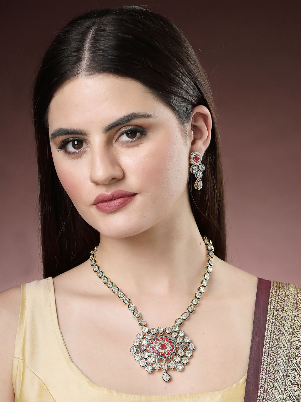 NVR Women's Red & Gold Kundan Studded Handcrafted Jewellery Set | Grocsy