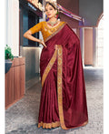 Dark Maroon Solid Vichitra Saree With Unstitched Blouse Piece - Selena | Grocsy