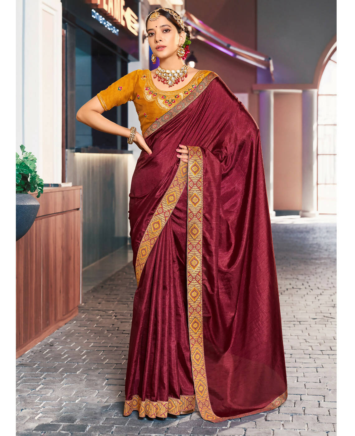 Dark Maroon Solid Vichitra Saree With Unstitched Blouse Piece - Selena | Grocsy