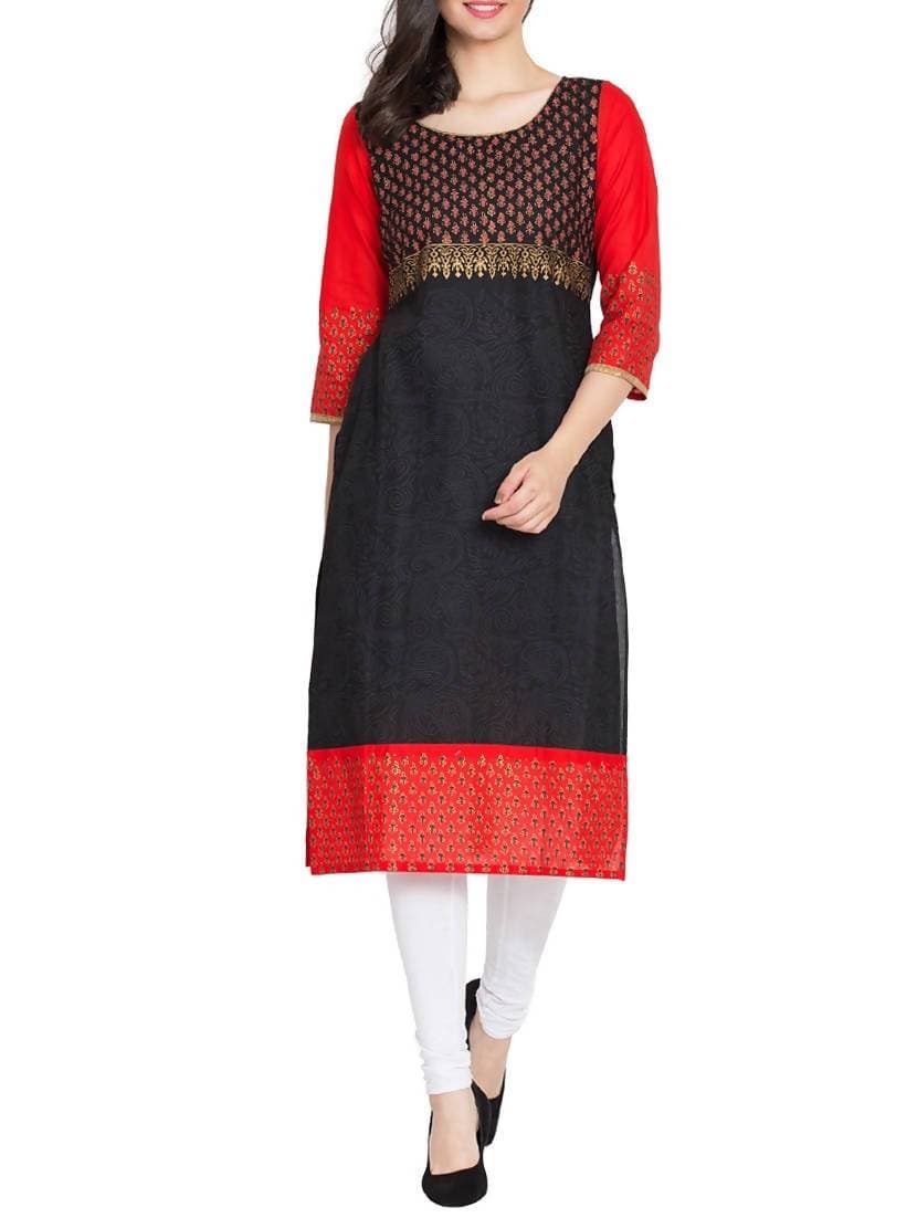 Cheera Hand Block Print Straight Kurta In Black & Red | Grocsy