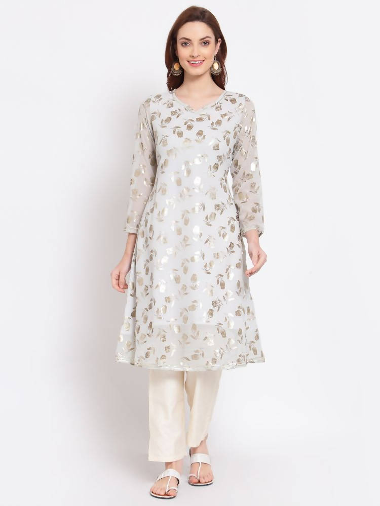 Myshka Women's Grey Printed Georgette 3/4 Sleeve Round Neck Casual Kurta | Grocsy