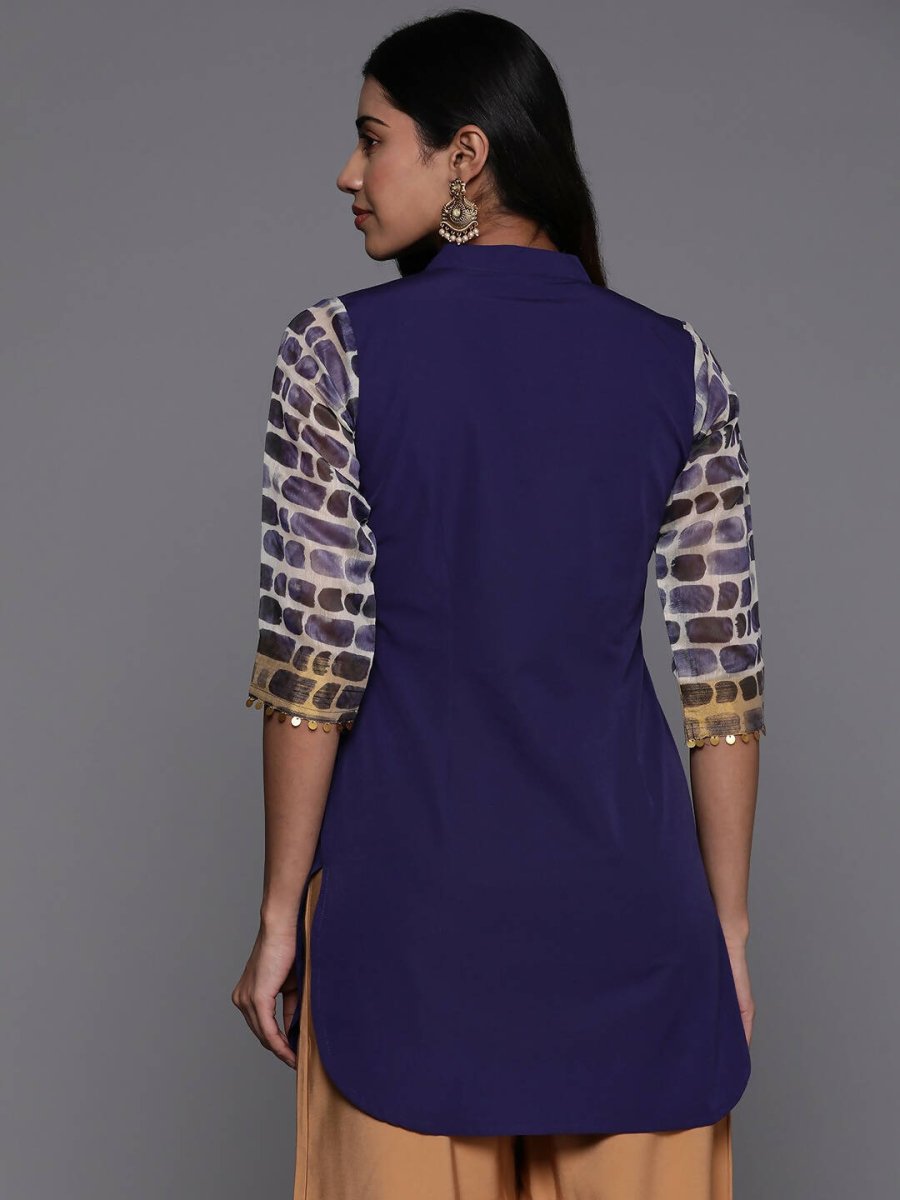 Ahalyaa Blue & Gold-Toned Mandarin Collar Printed Tunic - Blue Color | Grocsy
