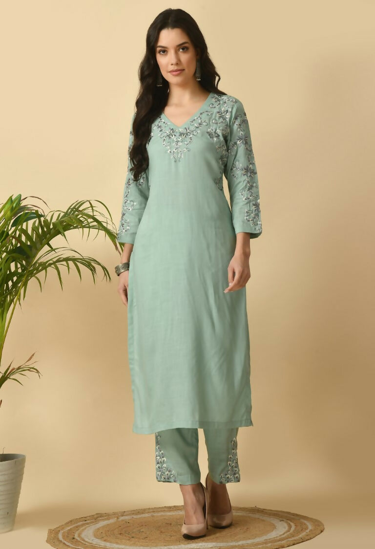 Joban Fashion Sea Green Cotton Rayon Kurta Set | Grocsy