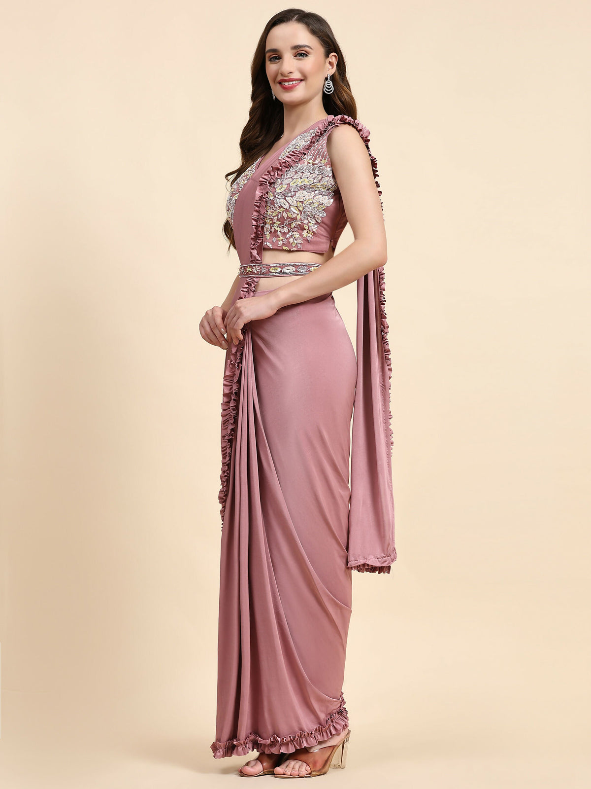 Pink Lycra Solid Ready to wear Saree with stitched Blouse - Vanita | Grocsy