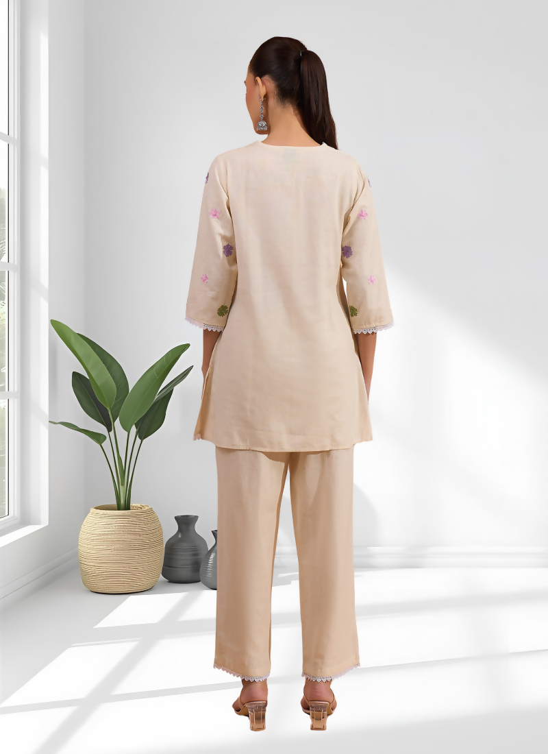 Joban Fashion Cream Linen Embroidered Readymade Cord Set | Grocsy