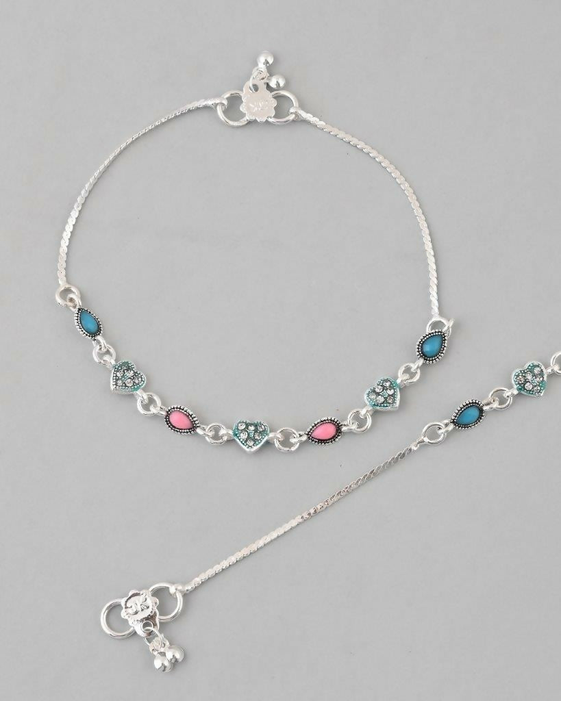 VOJ Set of 2 Silver Plated Heart Shaped Meenakari Anklet | Grocsy