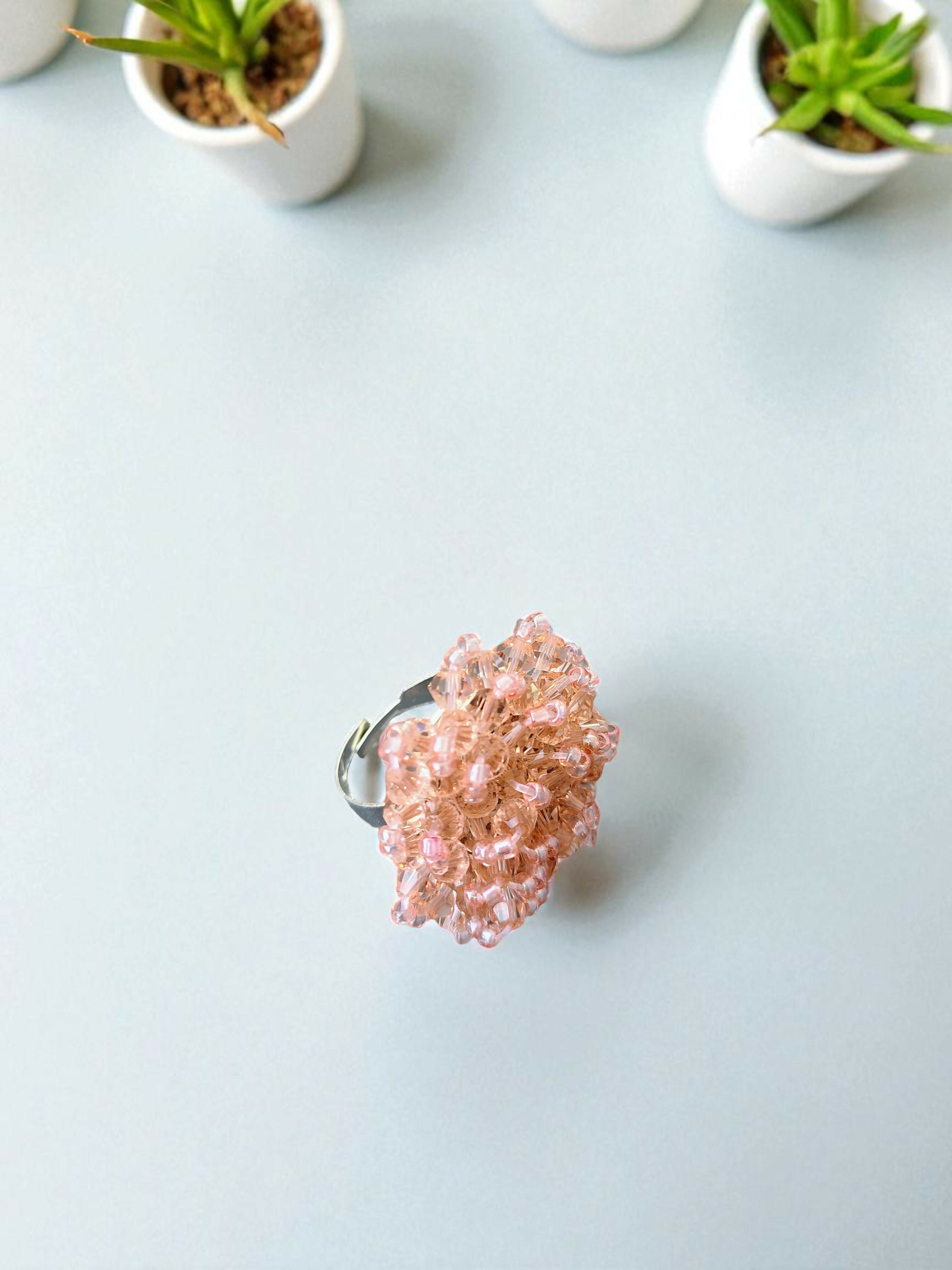 Inhanns Rang-E-Roshan Adjustable Ring – Handmade Crystal Statement Ring - Peach 2 | Grocsy