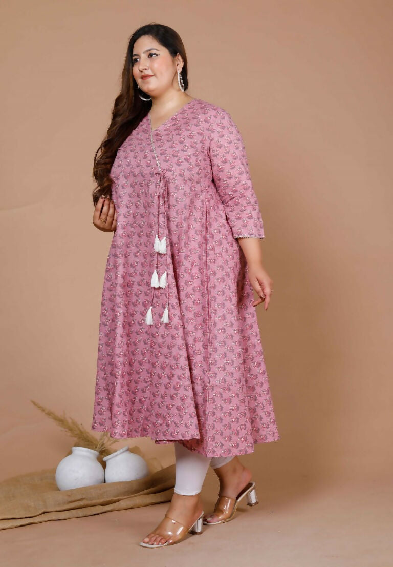 Miravan Women's Plus Size Pink Floral Printed Cotton Anarkali Kurta With Dupatta | Grocsy