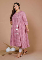 Miravan Women's Plus Size Pink Floral Printed Cotton Anarkali Kurta With Dupatta | Grocsy