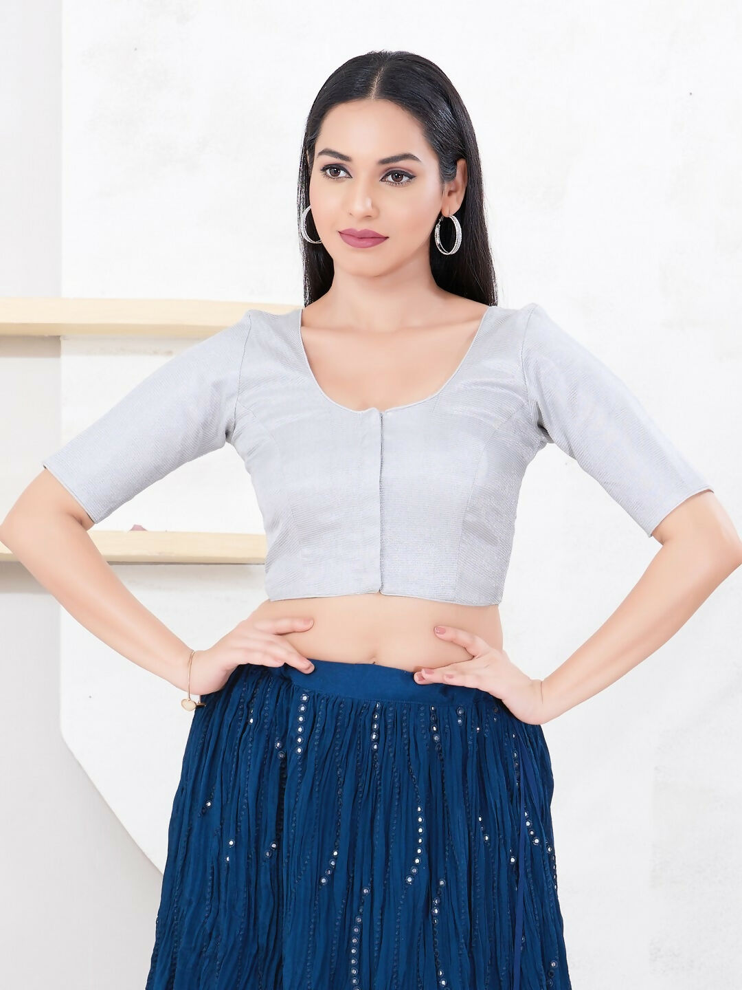 Joban Fashion Silver Tissue Elbow Sleeveless Front Open Blouse | Grocsy