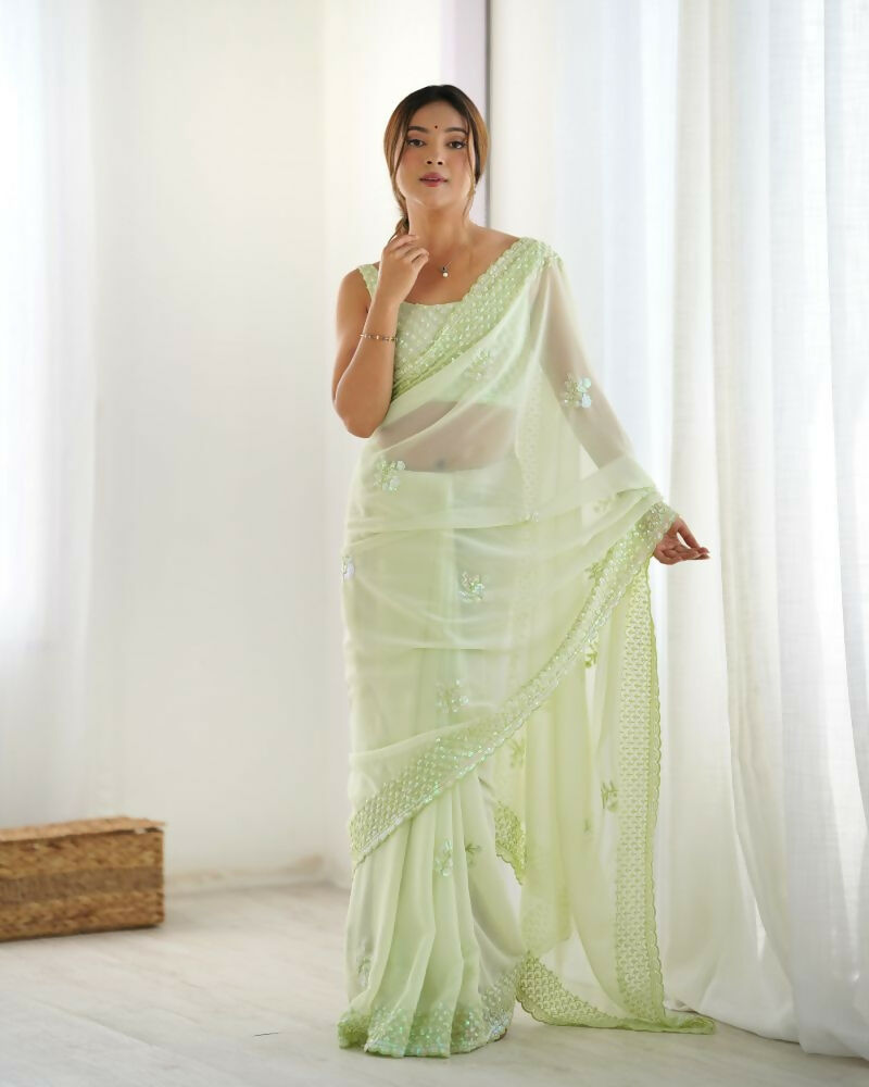 Attractive Looking Georgette Thread, Sequance Embroidery Work Party Wear Saree - Pista | Grocsy
