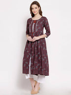 Myshka Women's Wine Cotton 3/4 Sleeve Round Neck Printed Casual Shrug | Grocsy
