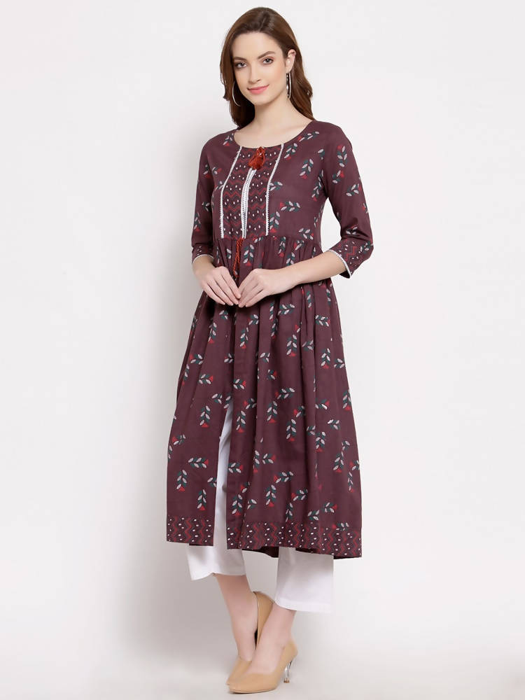 Myshka Women's Wine Cotton 3/4 Sleeve Round Neck Printed Casual Shrug | Grocsy
