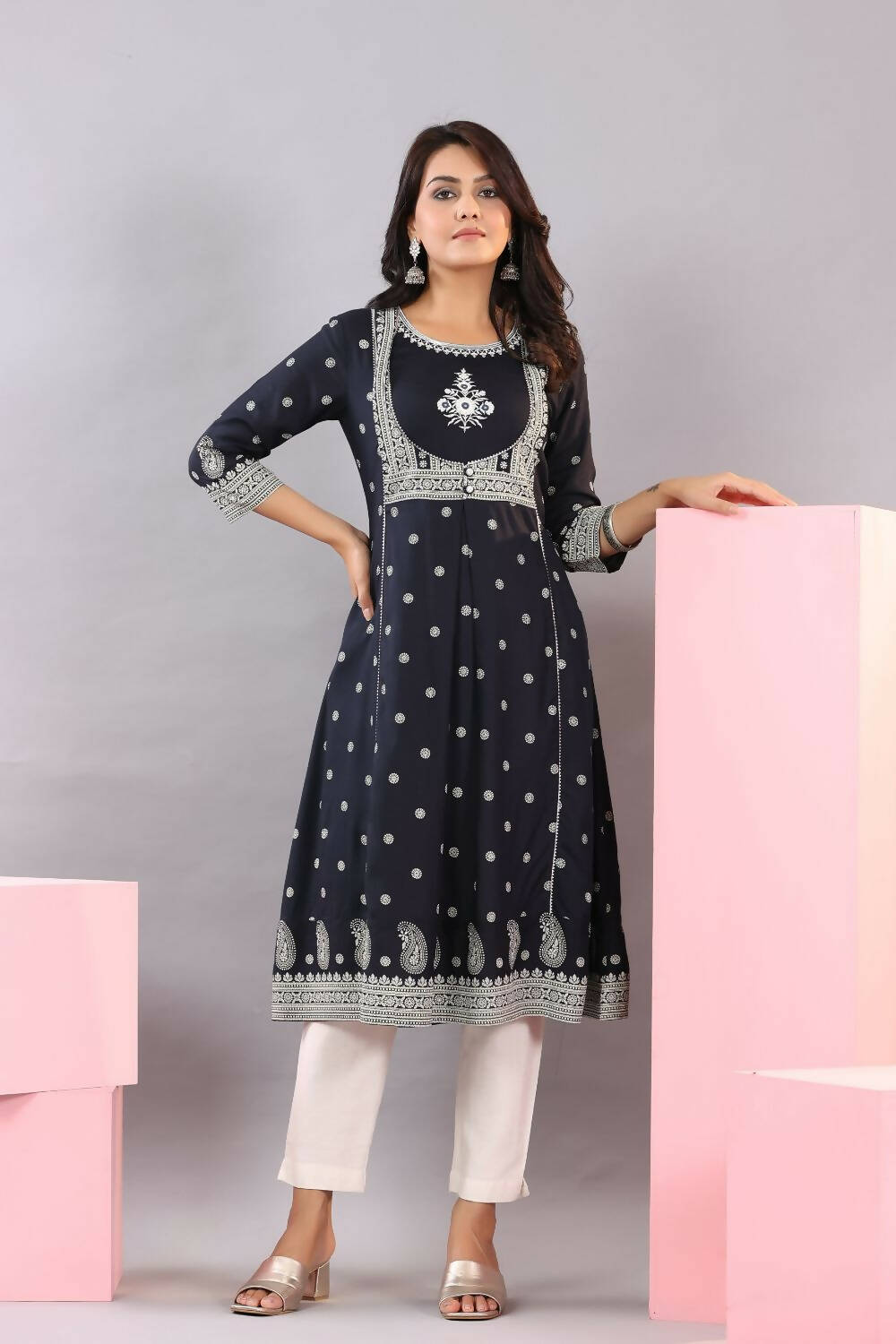 Juniper Women Indigo Rayon Printed A-Line Kurta | Grocsy