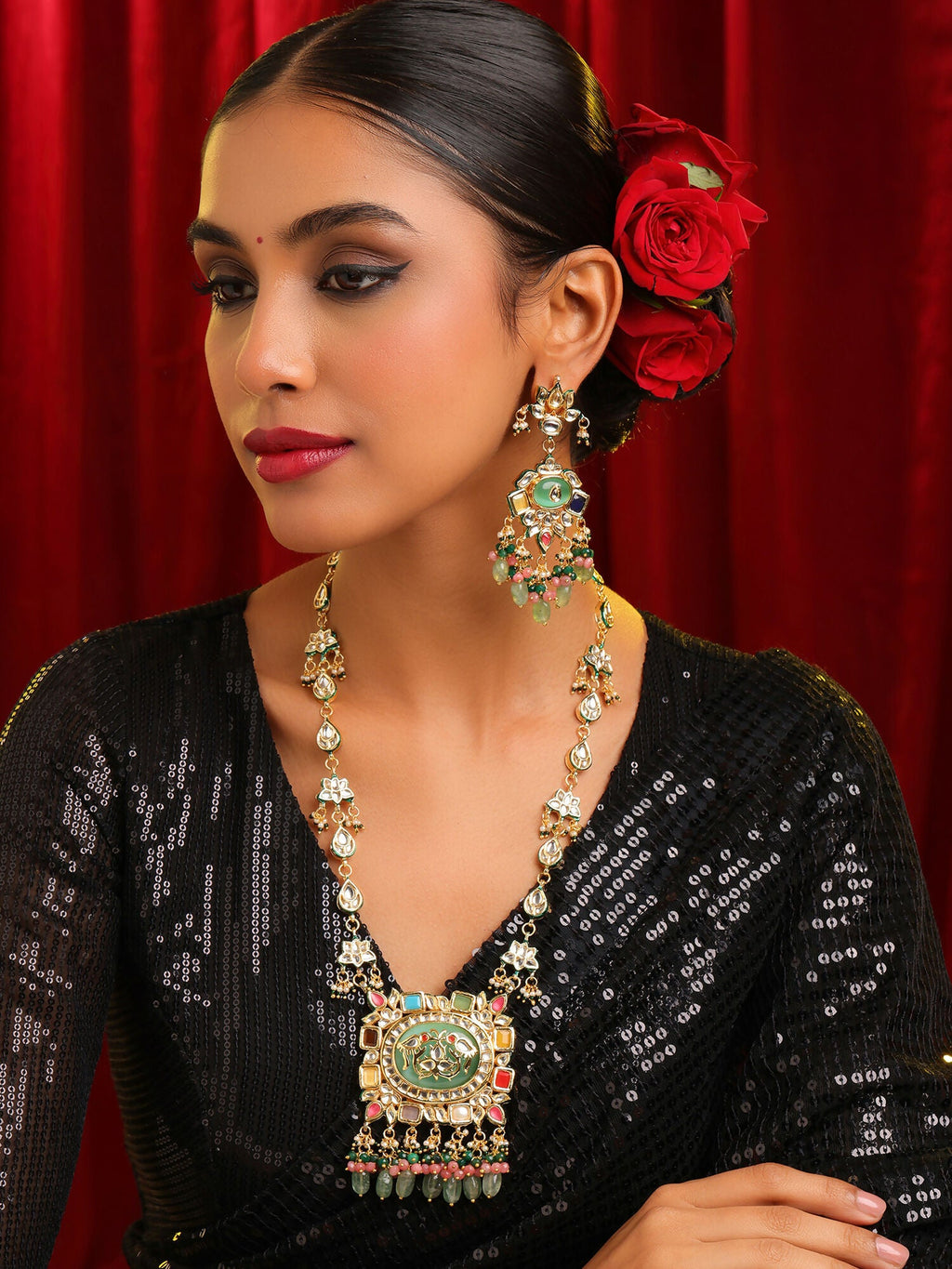 Ruby Raang Kundan Haar With Matching Earrings | Grocsy