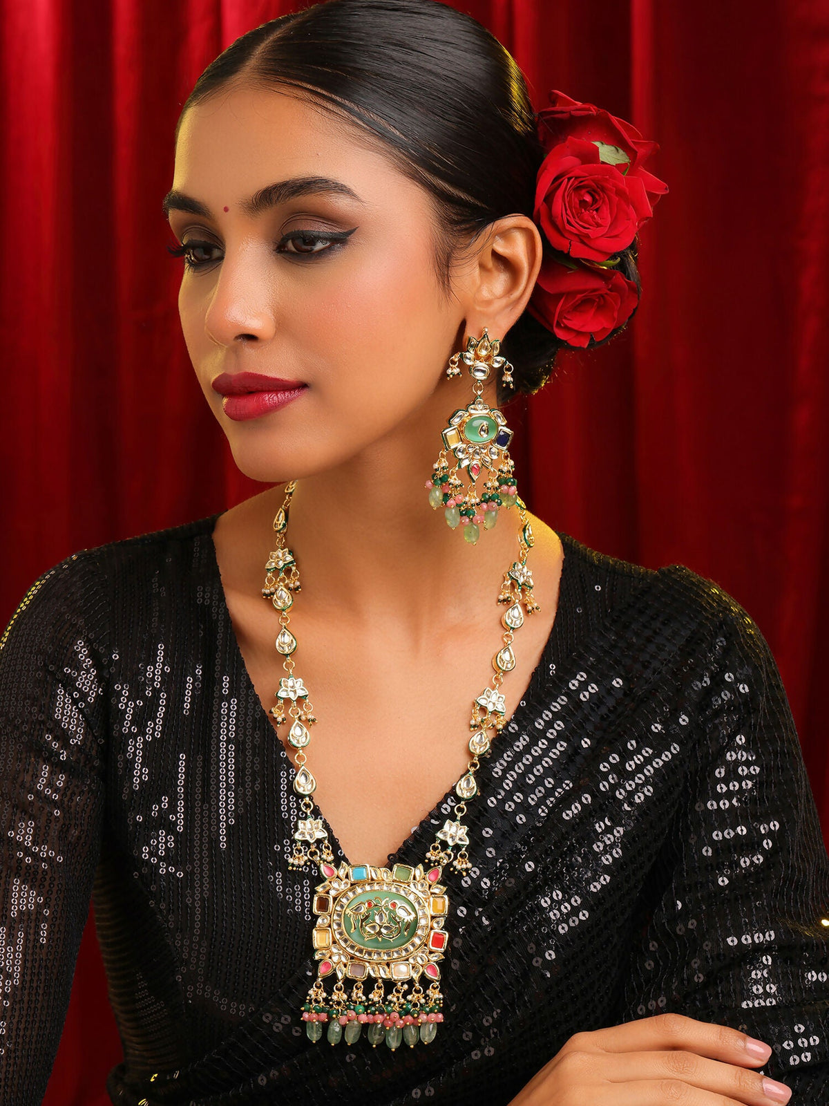 Ruby Raang Kundan Haar With Matching Earrings | Grocsy