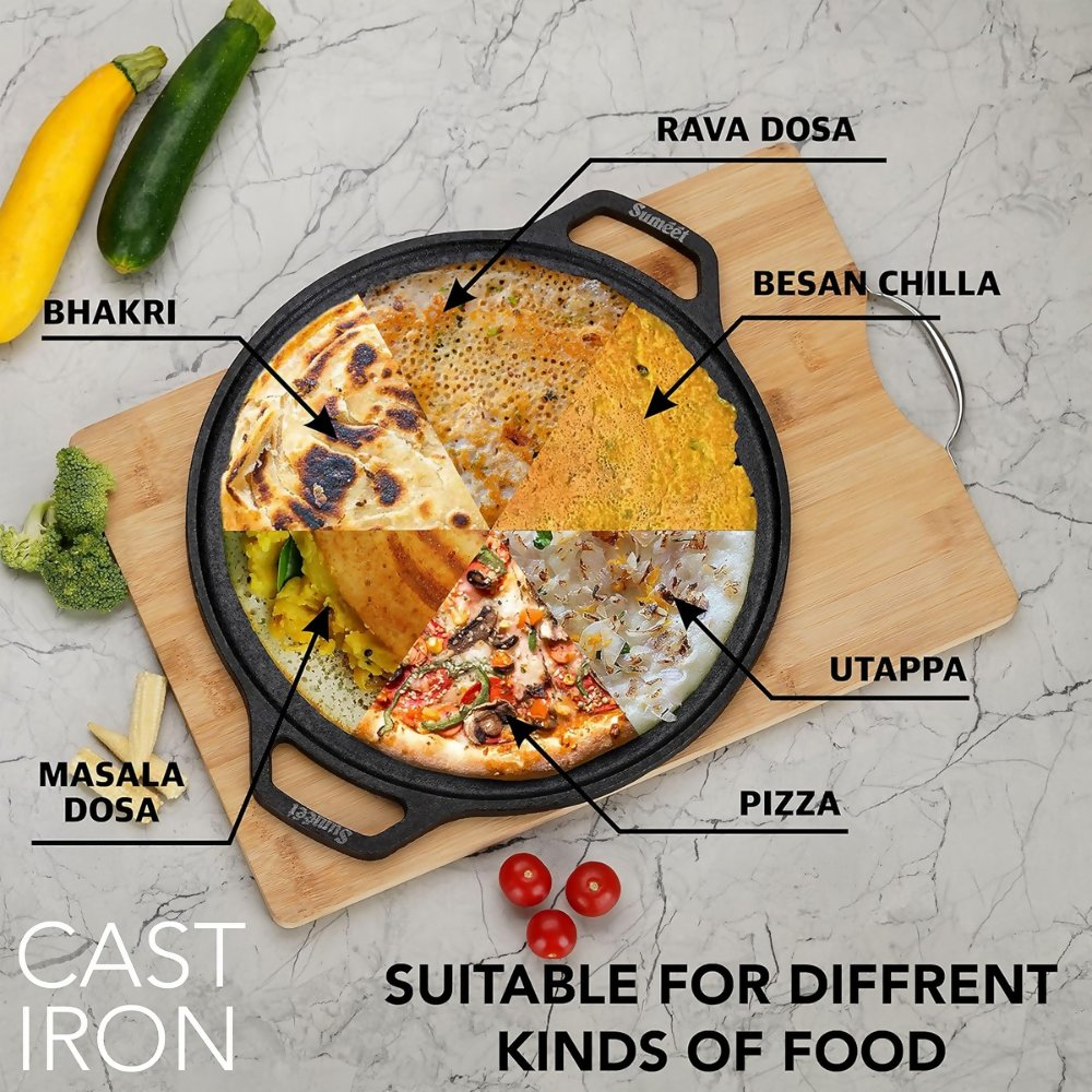 Sumeet Pre Seasoned Heavy Weight Cast Iron Flat, Induction Friendly Dosa Tawa - Black | Grocsy