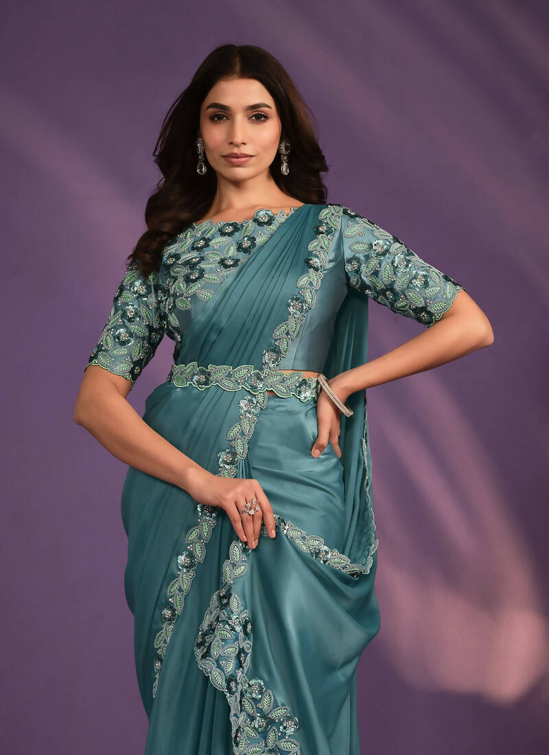 Rama Crepe Satin Silk Embroidered Saree With Stitched Blouse - Mohmanthan Exotica | Grocsy