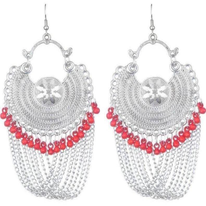 MS Fashion India Latest Fashion Half Moon Earrings With Chains And Red Pearls | Grocsy