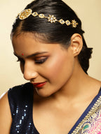 Gold-Polished White Kundan-Studded Pearl Beaded Hair Band - Ruby Raang | Grocsy