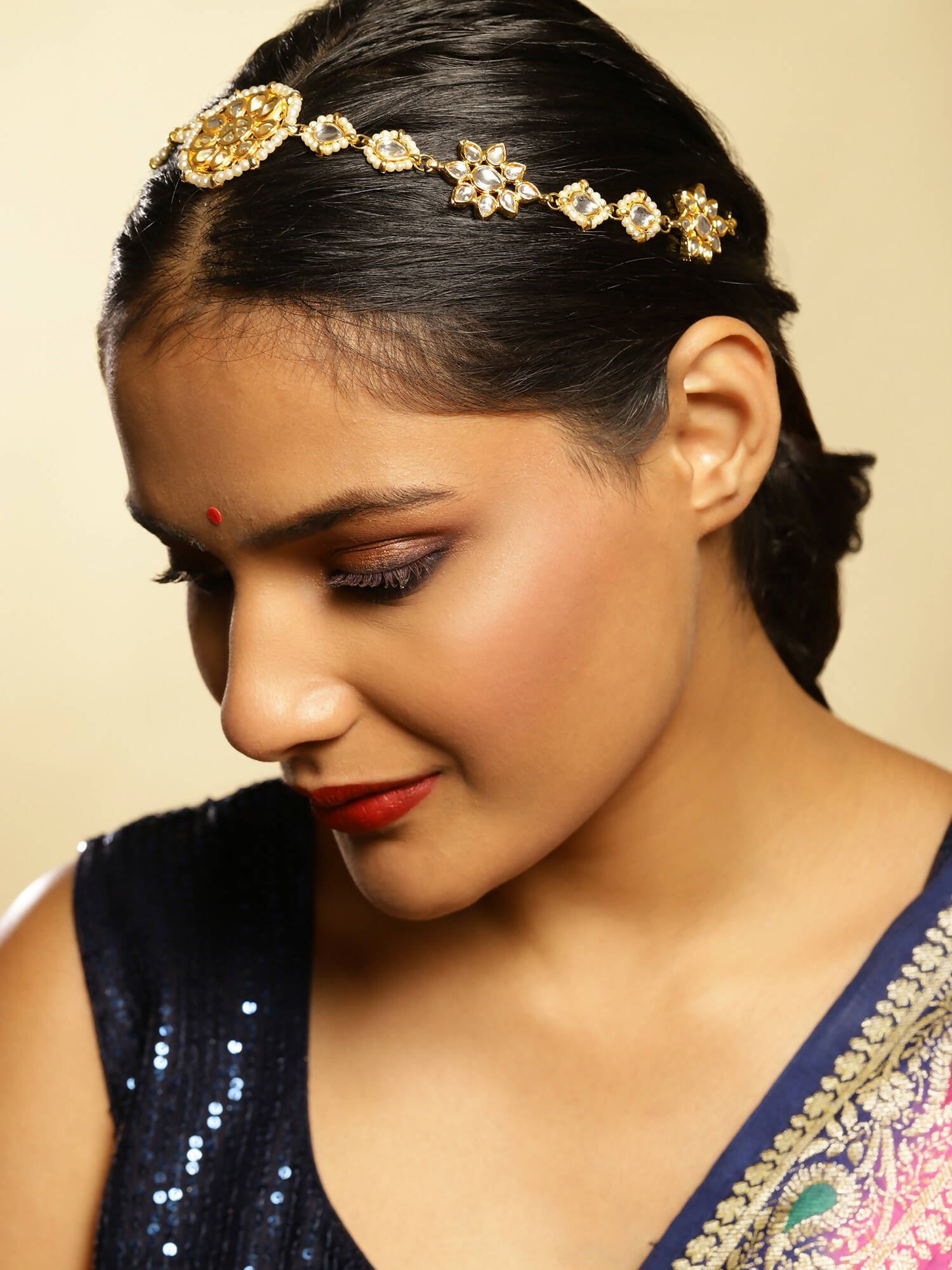 Gold-Polished White Kundan-Studded Pearl Beaded Hair Band - Ruby Raang | Grocsy