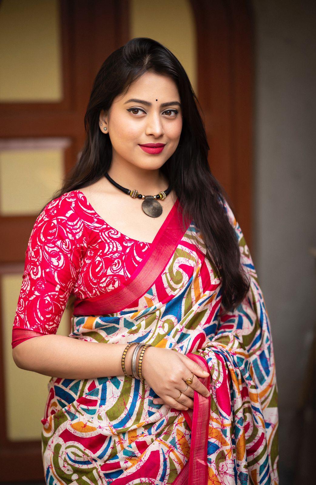 Rani Cotton Crepe Batik Print Saree with Unstitched Blouse - Hiral Fashion | Grocsy