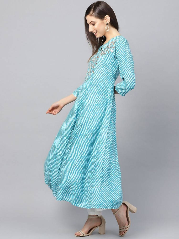 Yufta Women Blue & White Printed Anarkali Kurta | Grocsy