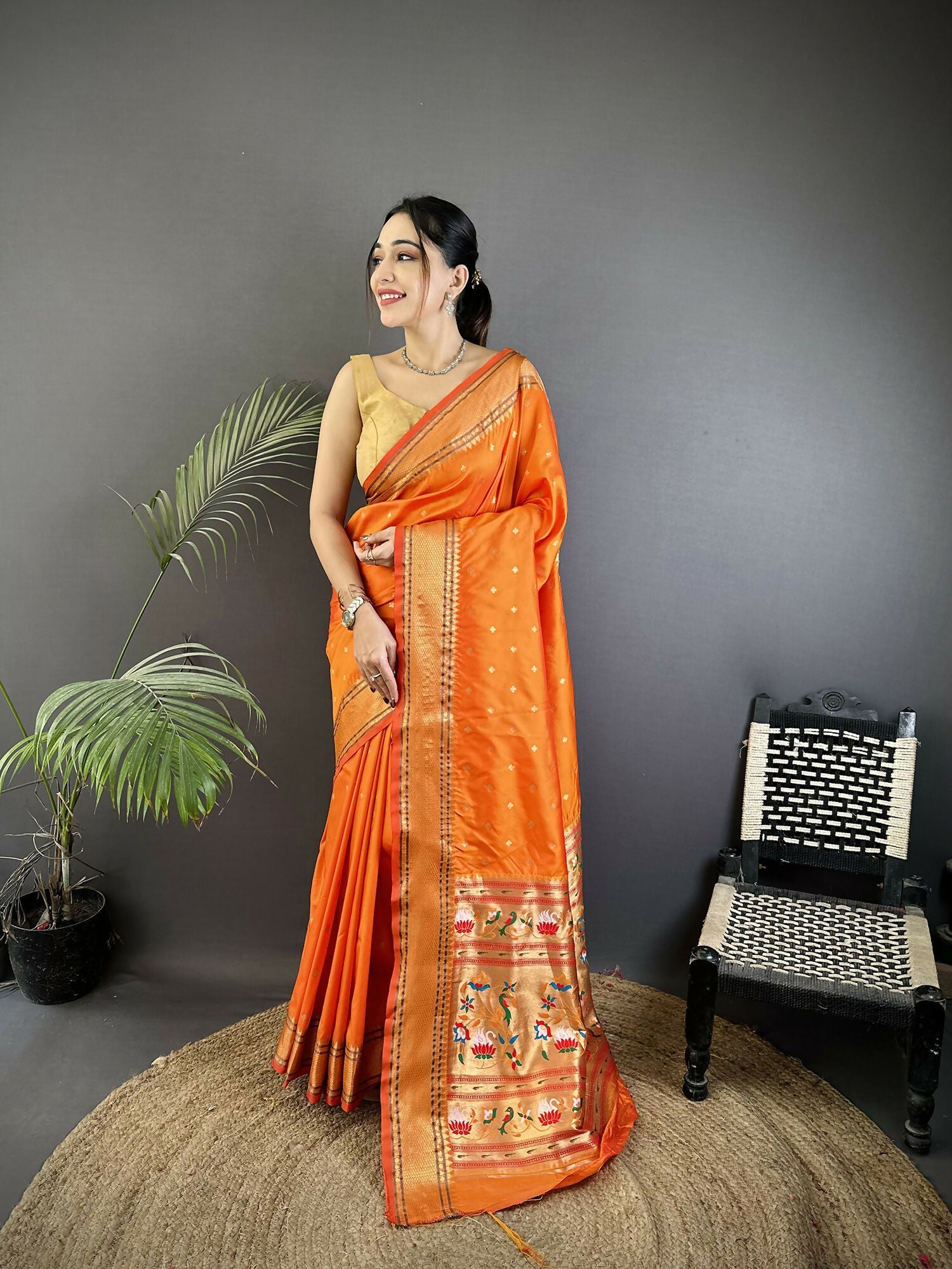 Joban Fashion Orange Butti Woven Soft Lichi Silk Paithani Saree | Grocsy