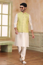Raivat Ethnic Jacquard Banarasi Silk Woven Work 3 Pics Jacket Set In Lemon Colour | Grocsy