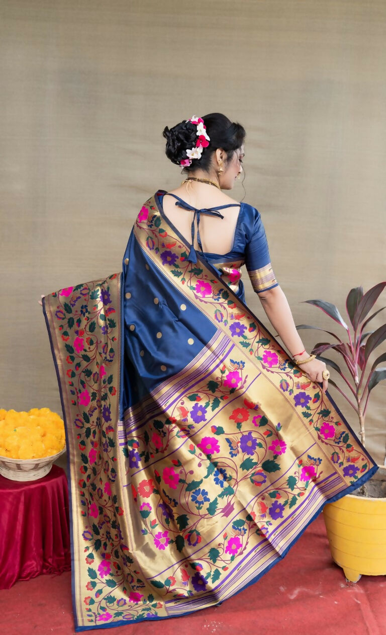 Jyoti Fashion Women's Navy Blue Paithani Silk Zari Woven Saree with Blouse | Grocsy