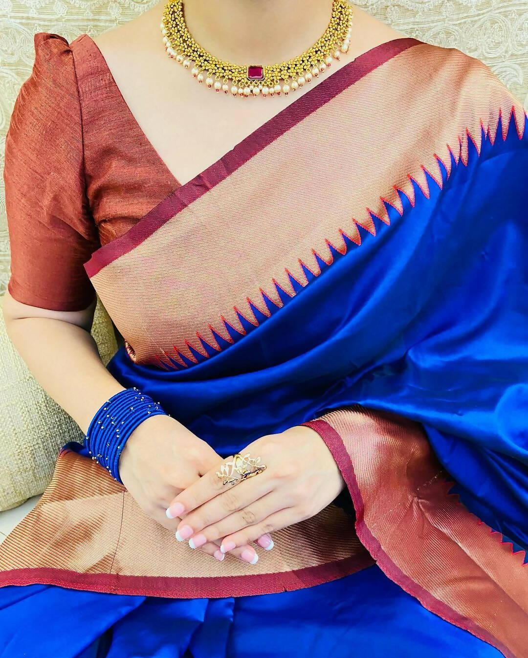 DEIANA'S Beautiful Designer Golden zari Soft Lichi Silk Saree - Blue | Grocsy