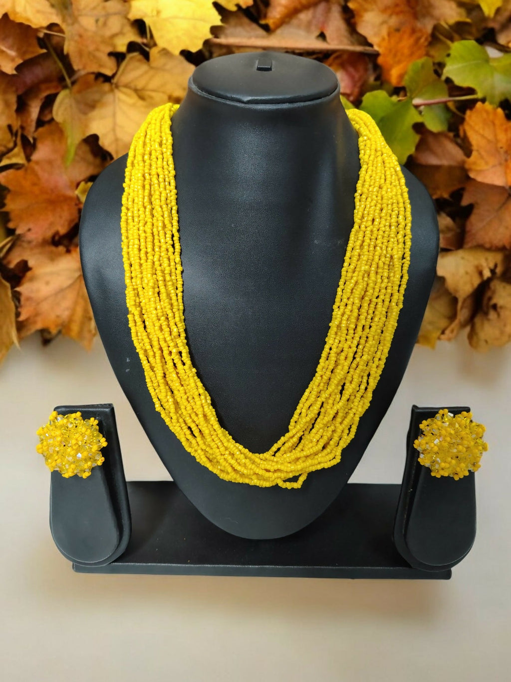 Inhanns Vibrant Handmade 20 Layers Beaded Necklace With Matching Earrings - Yellow | Grocsy