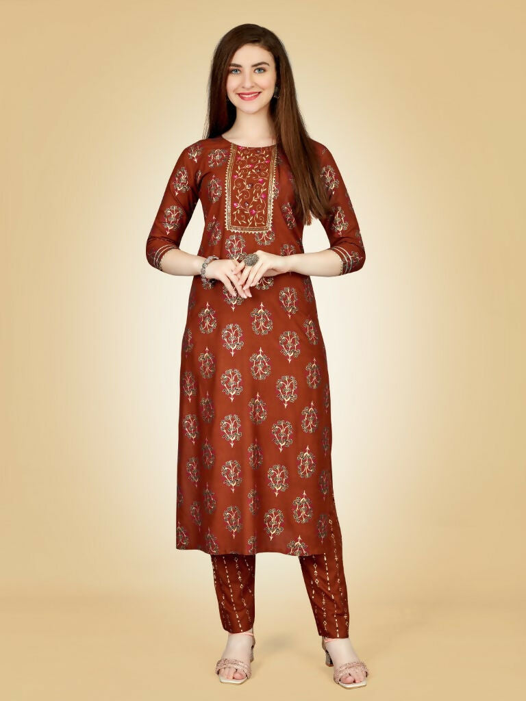 Jyoti Fashion Women's Rust Viscose Rayon Embroidered Kurta Pant Set | Grocsy