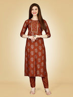 Jyoti Fashion Women's Rust Viscose Rayon Embroidered Kurta Pant Set | Grocsy