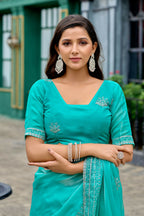 Vastranavya Turquoise Embroidery Work Shimmer Chiffon Saree with Unstitched Blouse | Grocsy