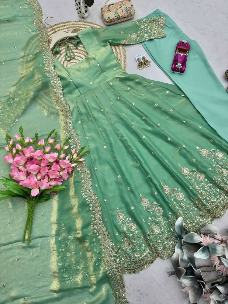 Teeya Creation Womens New Latest Trendy Elegant Pista Embroidered Anarkali Suit Set with Scalloped Dupatta | Grocsy