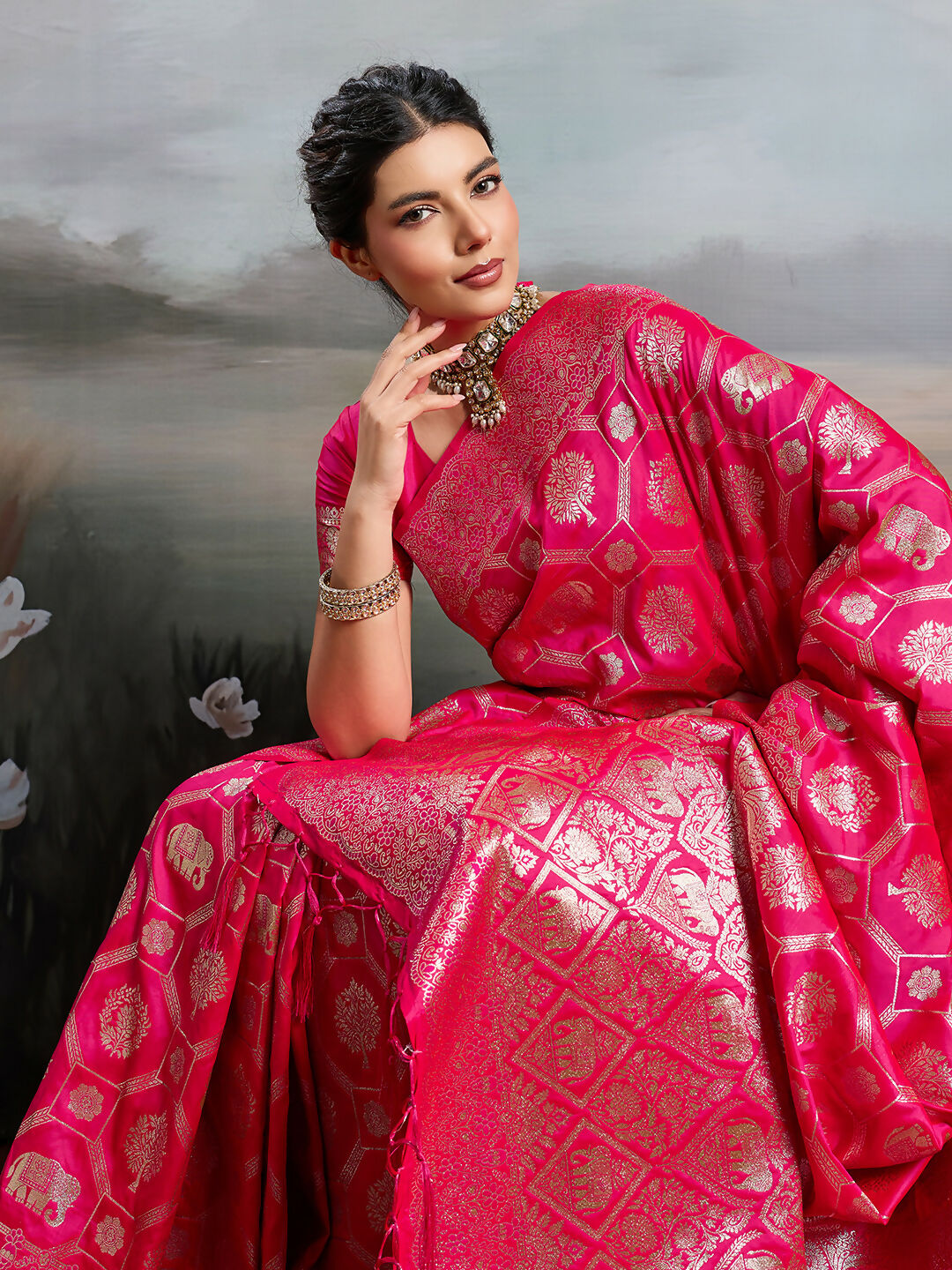 Shree Shyam Fashion Rani Pink Silk Blend Saree | Grocsy