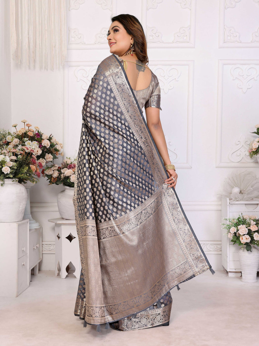 Aastha Fashion Grey Organza Silk Weaving Saree | Grocsy