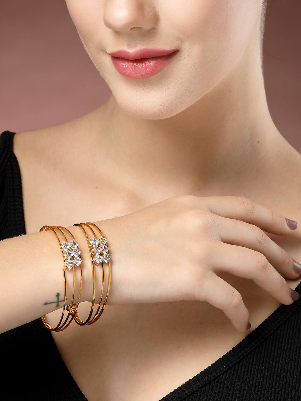 NVR Women's Set of 2 Gold-Polished CZ Stone-Studded Adjustable Bangles