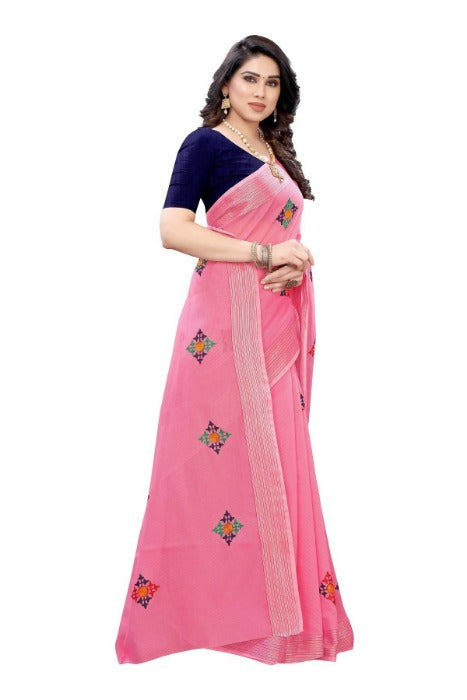 Vamika Chanderi Cotton Embroidery Pink Saree (Dixa Pink) | Grocsy