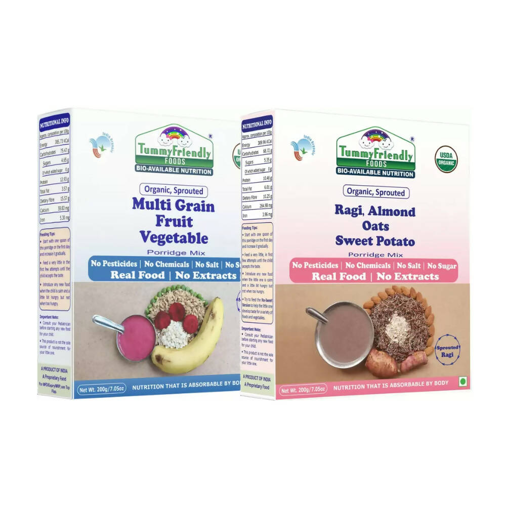 TummyFriendly Foods Organic Multi-Grain, and Sprouted Ragi, Oats, Red Lentil, Banana Porridge Mixes Combo | Grocsy