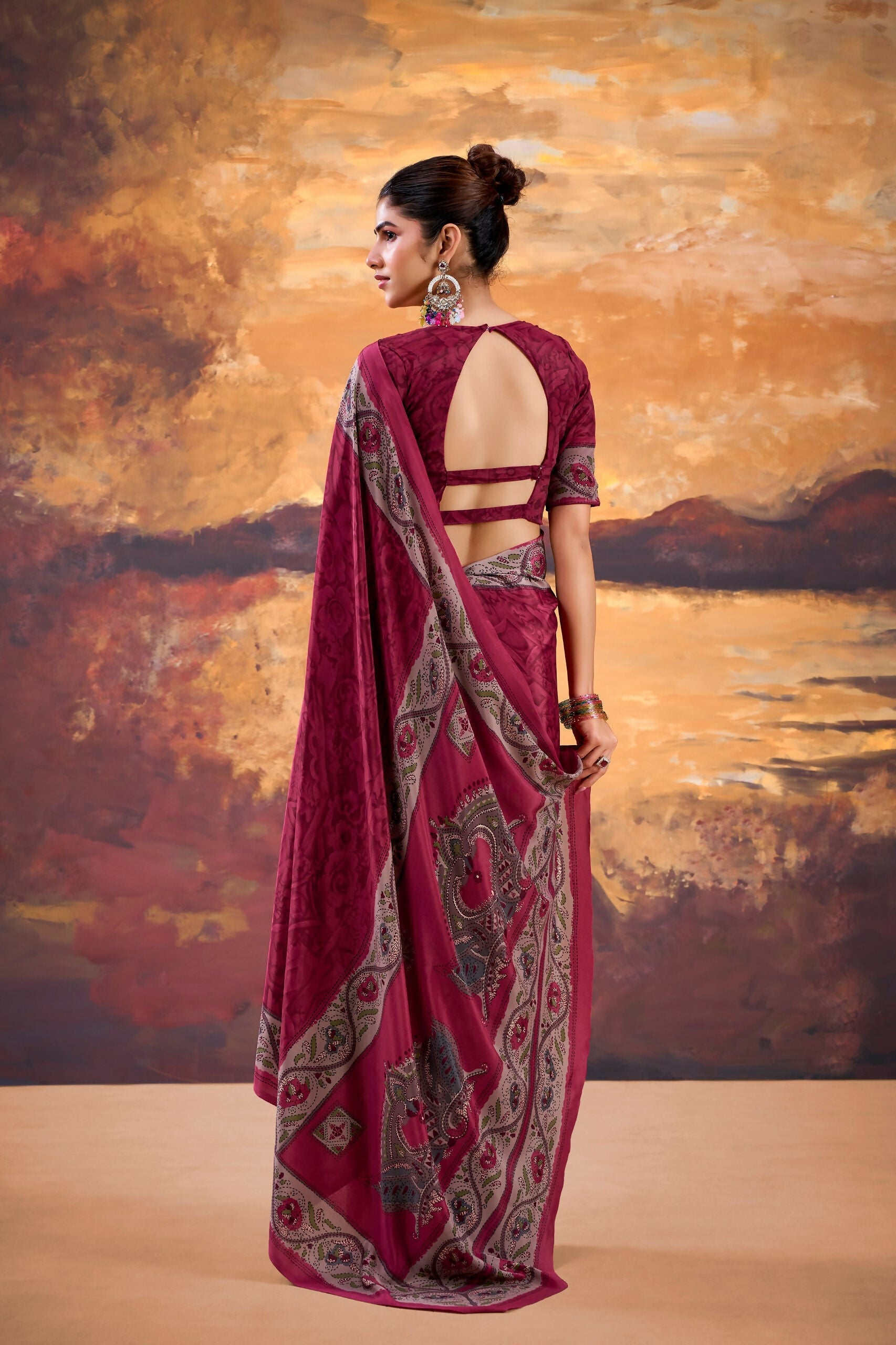 Vastranavya Pink Crepe Printed Saree with Unstitched Blouse | Grocsy