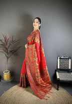 Elora Red Pashmina Silk Meenakari Weaving Madhubani Design Kashmiri Saree | Grocsy