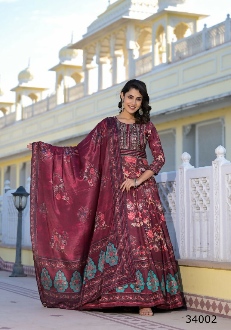 Partywear Designer Maroon Dola Silk Anarkali suit with Dupatta - Suzen | Grocsy