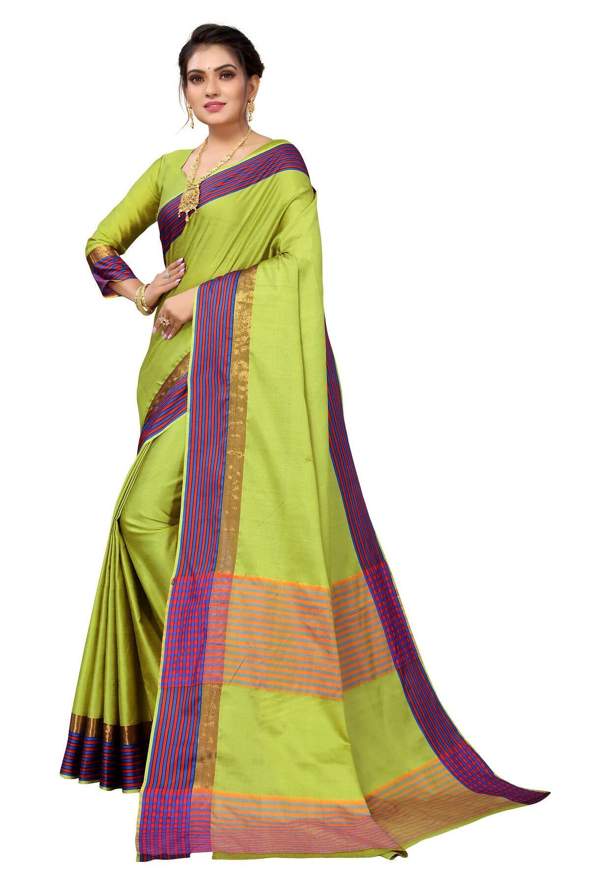 Vamika Ethnic Fire Parrot Green Cotton Silk Saree | Grocsy
