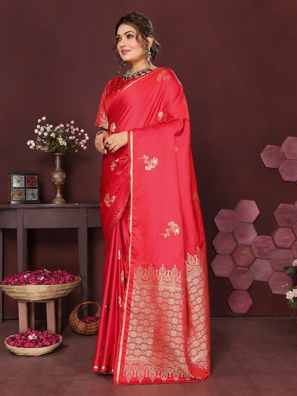 Joban Fashion Reddish Pink Floral Banarasi Silk Sarees | Grocsy