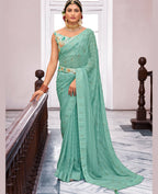 Sea Green Georgette Swaroski Work Saree With Unstitched Blouse Piece - Juhi | Grocsy