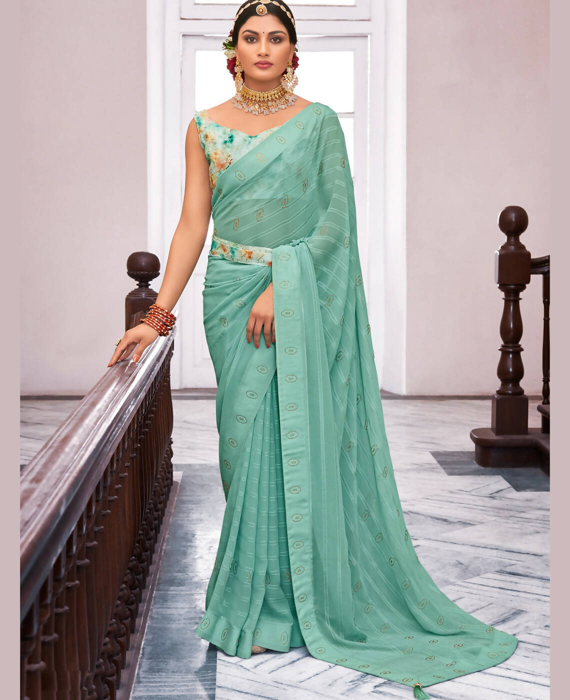 Sea Green Georgette Swaroski Work Saree With Unstitched Blouse Piece - Juhi | Grocsy